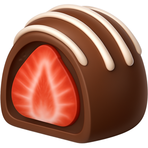 Bombom de morango com metade do morango dentro do chocolate de leite e tiras de chocolate branco por cima do chocolate de leite