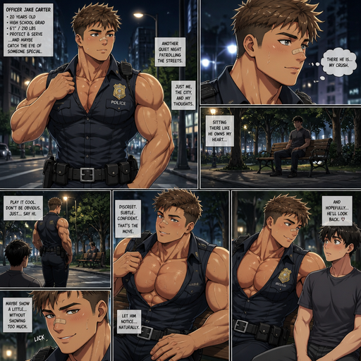 A Very Detailed ANIME comic book story of a Beefy and Bulky and Huge Beefy Pecs and Biceps an Muscularly above average High schooler but Muscular and the Perfect and Slim waist Non-Stocky Build and ANIME Cute Bara Dreamy and attractive Police officer with Peach toned skin Who looks Normal 20 year old American with a round facial Structure and A Non-detailed Face and Facial Structure and MANLY and Masculine facial structure and No Facial Hair With Beefy and Round and Big Pecs that are visible through the shirt and Biceps that are Huge and Bandaid on his nose and Fluffy strait Short Brown hair. Wearing a Sleeveless Uniform And patrolling the streets that are walking up to his man crush sitting on a bench and goes to the bench we’re his crush is and shows of his Muscles discreetly to his crush cause he doesn’t want to bring attention to himself but he very Dreamy and Manly and likes licking his Teeth. Drenched in sweat with a half buttoned uniform.