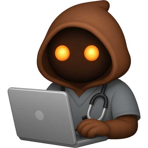 Cute nurse practitioner Jawa wearing gray scrubs (stethoscope around neck) is charting patient results in a computer