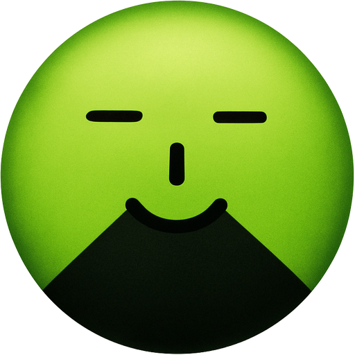Green circle with a black triangle that is bigger than head just by a little, on the bottom and has two line eyes and two very small lines as a nose and a smile
