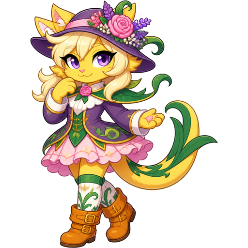 furry yellow cat anthro with purple eyes light blonde hair purple and pink florist hat and purple florist outfit green and white socks orange boots with buckles light pink skirt based on serperior