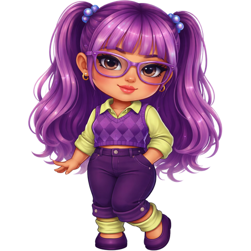 Plum Pudding with a Medium-Tan Cool Medium Beige Skin Tone with a Uni-Lip Shape with a Moonstone Eyelash Setup Completing the Look with a Guest List Lipstick Finish with a Neutral Pastel Blue Eyeshadow with a Small Eye Shape and a Base-Down Triangle Face Shape with Purple Hair and the Bangs having Light Purple Highlights with a Half up Half down Hairstyle in Two Ponytails with Blue Elastic Bubble Hair Ties Wearing Purple Rectangle Metal Glasses With Rosy Red Cheeks also Wearing a Lime Green Button-Up Long Sleeve Shirt with the Bottom of the Sleeves Rolled up With a Short Purple Sweater and A Dark Purple Diamond Checkerboard Pattern Wearing Dark Purple Pants with a Silver Button on the Side and the Bottom of it Rolled up with Long Lime Green Rolled Up Socks and Dark Purple Flats with a Mature Adult Toned Build with Luxury Glossy