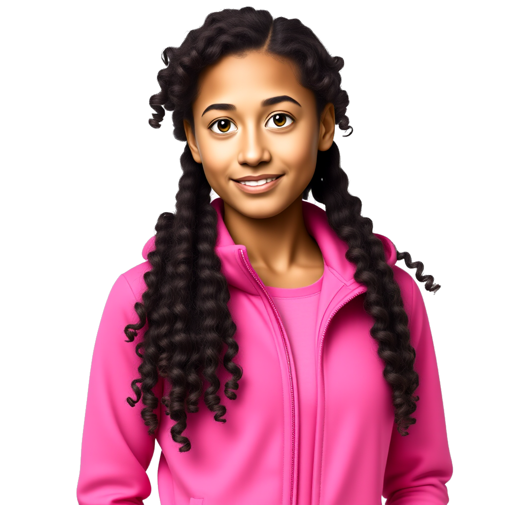 17 year old beautiful mixed race girl black and white with green eyes slim but athletic curly hair with pink lululemon jacket
