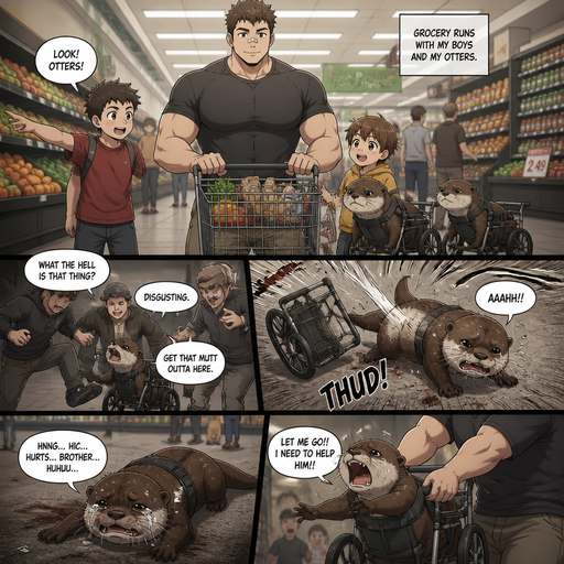 A DETAILED AND LIFELIKE ANIME Comic Book story view of a Bulky but Muscular ANIME Cute Bara Man With Peach toned skin Who looks Normal aind round facial Structure and Basic facial structure With Puffy and Big Pecs that are visible through the shirt and Biceps and Bandaid on his nose and Brown Short and Strait hair. Wearing normal With his pet Grown and long and Owns HEALTHY, CUTE AND REALISTIC OTTERS in Dog Wheel Chairs and 2 little brothers that are in different ages but young. At the grocers store, And they See twin ottercuddle with them. One of the otter got bullied by humans, and the otter flys out of the wheelchair and the otter lays there unable to move and crying. And the otter’s twin Was held back when he tries to help his brother.