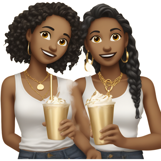 Two besties drinking milkshake and one of Them have Black Long curly hair and a White top and gold earrings and gold necklace and a White and the other Girl have Brown Long straight hair and a White top and gold earrings and gold necklace