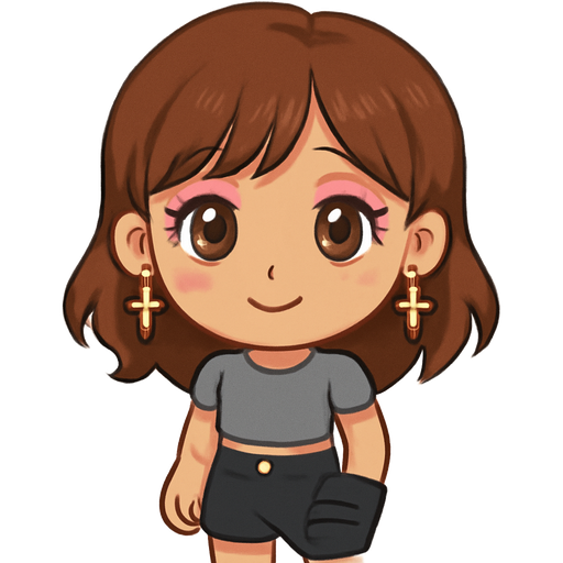 Brown hair, cross earrings, pink eyeshadow, brown eyes, gray crop top, black jeans, shorts, and a boot on her leg because she broke it