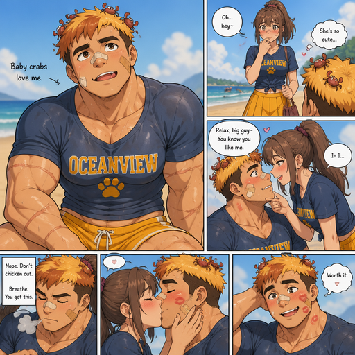 ic book story about of a Bulky and less shredded or muscular ANIME Cute Bara Man American 20 year old with a ROUND and BASIC facial structure and Young Adult BARA CUTE that is Peach Toned skin not anything else MALE not to detailed With bigger than average Pecs that are visible through the shirt and Biceps and a big Bandaid on his nose and Left Cheek and Right Eye brow with Scars all over his Chest and arms. Wearing a no piercings Wearing a baggy school spirit shirt that is tight around the waist and drenched in sweat and Short and yellowish orange Hair and Bright Gold Hair Tips and Strait with brown eyes and black eyebrows with a Three finger Slash on his Eyebrow. With no Facial Hair. Sitting down at the beach looking up And Balances Baby Crabs on his head and Licking his lips and and makes his crush who is walking over to him blush but she flirts with him and he wants to kiss but can’t cause he will get scared he’ll embarrass himself he calms himself down. Kisses him and He gets kiss marks on his face.