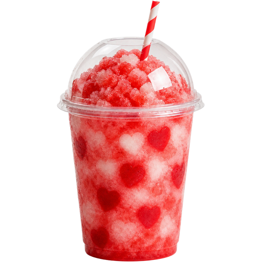 Valentine’s Day Heart Shaved Ice Slushie in a Plastic Cup and Plastic Dome Lid with a Straw Mixed in with Extra Syrup