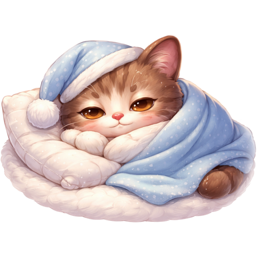 the same brown tabby with white markings, adorably sleepy, curled up on a fluffy pillow and wrapped in a soft blanket, wearing a cute nightcap. Its big, round yellow eyes are half-closed, with tiny “Zzz” symbols floating above its head. Surrounded by gentle moon and star accents, warm bedside lamp lighting, cozy bedtime atmosphere, pastel tones, ultra-detailed, high quality, soft focus.