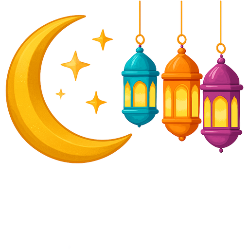 Festive Ramadan sticker, golden crescent moon with twinkling stars, colorful lanterns, elegant calligraphy saying ‘Happy Ramadan’, bright and joyful colors, high-quality digital illustration.