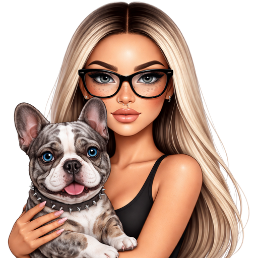 40 year old latina baddie with slim face and a slight bumpy nose round face cheek bones with dark freckles across her nose and almond shaped LIGHT GRAY colored eyes and lashes with fair skin with dark freckles across nose with shiny nose ring in her nose and very long straight icy blonde hair and dark roots parted in the middle and wearing large black glasses wearing a black tank top with a serious face and small hands with light pink color nails and holding a gray merle french bulldog that has one blue and one brown eye
