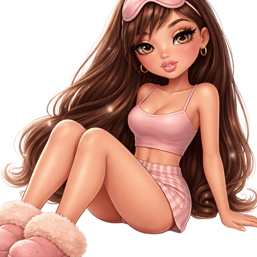 luxury glossy bratz doll romantic aesthetic, cinematic glow, crisp clean detail, glossy glam skin. brown eyed Petite girl, fair skin with soft freckles, long wide face with tall forehead, honey-golden almond wide-set upturned eyes, fluttery lashes, shimmer highlight, plush lips, bottom heavy lip, sweet Belle-princess vibe, mid-length dark brunette hair with visible caramel highlights, softly defined feminine body, softly defined body shape with full round bust, wearing a pale dusty rose fitted cropped camisole, pale warm rose & beige low rise striped boxer shorts, pale dusty rose ugg fur trim slippers, dusty rose silk sleep mask, small gold thick hoop earrings, sleek model hair wavy ends blowout draped over one shoulder, sitting with legs out and knees slightly bent. full body showing. hair straight. Cozy romantic glow, soft warm lighting, pop-princess energy, shimmer highlight, sparkly glow
