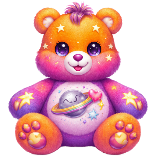 Starlight Love Care Bear with Gradient Pink and Purple Blended Fur and Orange Ears, Paws, Feet and The Upper-Half of the Face is also Orange with Shooting Stars and Lightning Strikes on the The Paws, Upper Face, Ears and Feet with a Smiling Sliver Saturn with the Ring being Half Silver and Pink Next to a Rainbow Shooting Pink Heart with Yellow, Pink, and Blue Stars Surrounding it on the Stomach with White Twinkles in the pupils of the eyes and Purple and Pink striped Tufts of hair and a Purple Heart Nose