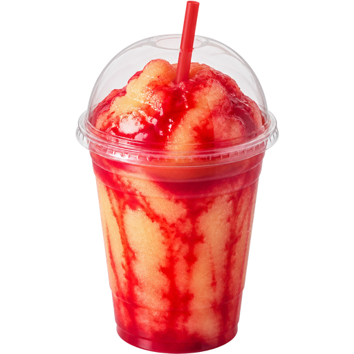 Cherry Lemonade Soft Shaved Ice Slushie in a Plastic Cup and Plastic Dome Lid with a Straw Mixed in with Extra Syrup