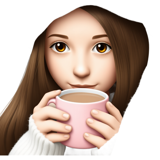 A girl with straight brown hair under a white blanket with whitsh tanish skin sipping a cup of hot chocolate with a baby pink cup