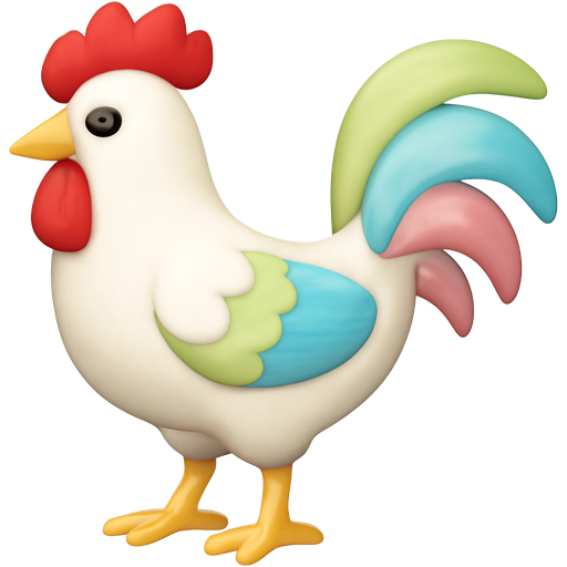 White rooster with yellow legs and beak, and colourful feathers on wings and tail #cef261 #82b1ec #fdd1f2