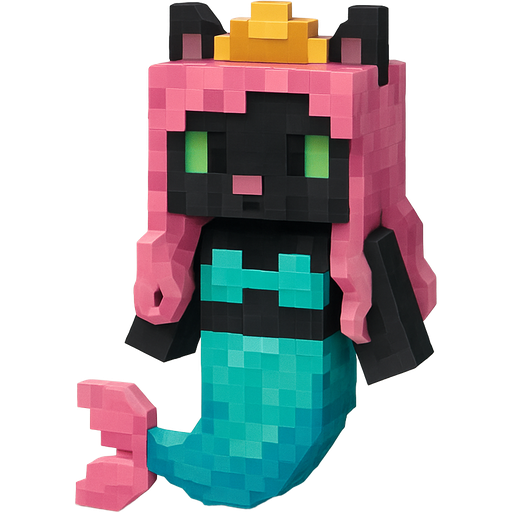 black cat pink long hair crown green eyes very long cyan and white mermaid tail with pink fins swimsuit cyan A minecraft movie style emoji, artistic style