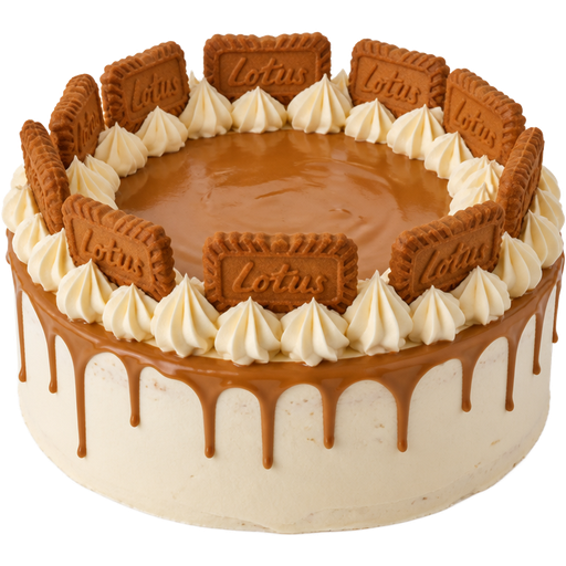 Whole 2-Layered Bischoff Cookie Cake with Vanilla Buttercream Frosting with Cookie Butter Ganache, Vanilla Buttercream Frosting Dollops on Top with Bischoff Cookies Going around the top of the Cake