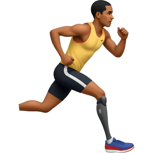 Create a minimalist emoji-style design of a Paralympic track athlete running with a prosthetic blade leg. The athlete should be depicted in motion, emphasizing speed and determination