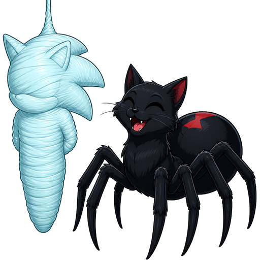 wrapped up and mummified fully covered in a #B8FFFF spider slik cocoon shaped like sonic the hedgehog arms behind back with #B8FFFF spider slik wrappings completely covered with thick layers non-transparent #B8FFFF spider slik wrappings hanging next to a happy male black widow spider cat drider hybrid