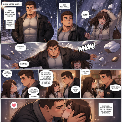 A Comic book story of a Bulky Small but Muscular and more Muscle than Fat ANIME Cute Bara Man Who looks Normal and American with a round facial Structure and Basic facial structure With Puffy and Big Pecs that are visible through the shirt and Biceps and Bandaid on his nose. Wearing a Normal sized heavy Jacket. Walking With and saw his crush in danger and the protects her from the snow falling. And the inviting him to her house then they kiss