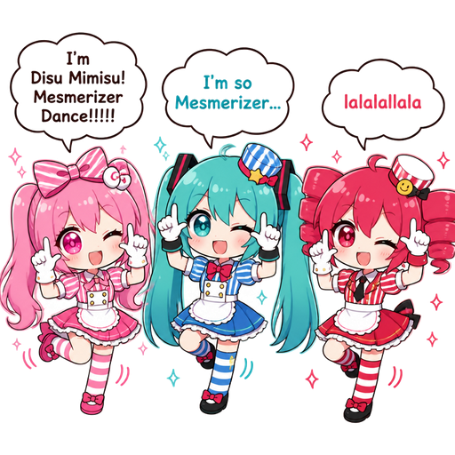 There is a chibi girl Mesmerizer with pink hair and pink eyes next to her is Mesmerizer Hatsune Miku and Mesmerizer Kasane Teto they have shiny eyes there is a message bubble on the girl with pink hair and pink eyes that says "I'm Disu Mimisu! Mesmerizer Dance!!!!!" and a message bubble on Mesmerizer Hatsune Miku that says "I'm so Mesmerizer..." And a message bubble on Mesmerizer Kasane Teto that says "lalalallala" they are also dancing to Mesmerizer (๐๊โโฉโ๊๐)