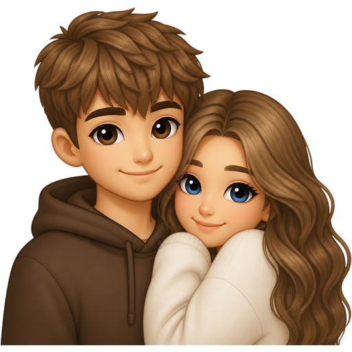 Make a cute couple aesthetic with a couple with light brown hair, the guy has textured fringe and brown eyes and the girl has long waves and blue eyes