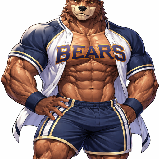 A Full BODY and FACE of a Muscular and Buff and a Gigantically Muscular with Chunky Gigantic Pecs AND biceps and a BIGGER head with the Perfect Waist. VERY Masculine and handsome Anime Bara Furry Grizzly Bear with a Very Good-looking and Mature Face and brown eyes with a wrestler type body. Wearing a Baggy Baseball Jersey and Shorts with a hat.