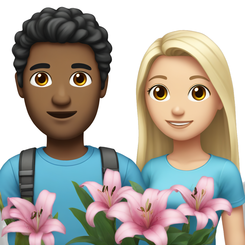 A brown skinned man, with almost black hair (close to bald), wearing a blue t-shirt, and near to him White girl, with long black hair ,and pink lilies flower in it , wearing pink