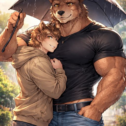 A Full BODY and FACE of a Muscular and Buff and a Gigantically Muscular with Chunky Gigantic Pecs AND biceps and a BIGGER head with the Perfect Waist. VERY Masculine and handsome Anime Bara Furry Grizzly Bear with a Very Good-looking and Mature Face and brown eyes with a wrestler type body. Dressed in a Black Baggy Shirt that is short around the waist and Jeans. with his Boyfriend. Hugging his boyfriend and protecting him from the rain.