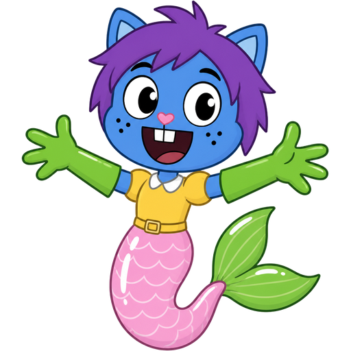 blue boy cat furry with purple hair and green very long rubber gloves yellow dress tucked in light pink mermaid tail with white highlights with green tail fins (happy tree friends)