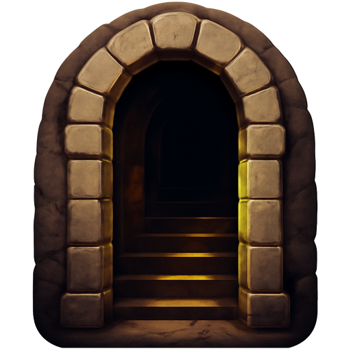 entrance to a catacomb: a narrow, dark underground passage featuring elements like a descending staircase, an ancient stone arch, deep shadows, and a mysterious, ritualistic vibe.