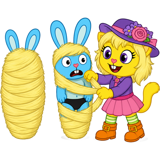 1 blue rabbit with black underwear getting wrapped up by furry yellow cat anthro with purple eyes blonde hair purple and pink florist hat and purple florist outfit green and white socks orange boots with buckles pink skirt with blonde hair 2 blonde hair cocoon shaped like blue rabbit completely covered with blonde hair cocoon like mummy next to furry yellow cat anthro with purple eyes blonde hair purple and pink florist hat and purple florist outfit green and white socks orange boots with buckles pink skirt happy tree friends version