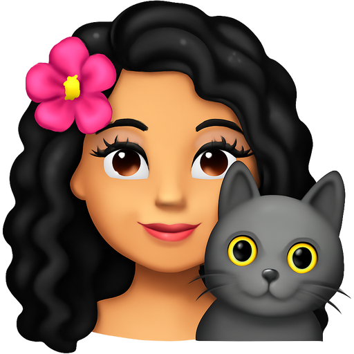 A really pretty Girl with Long black curls and have some Long lashes and a flower in her hair and she are with a gray cat with yellow eyes