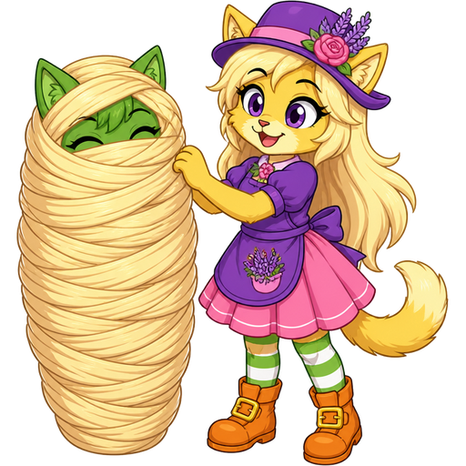 1 green boy cat furry getting wrapped up by furry yellow cat anthro with purple eyes light blonde hair purple and pink florist hat and purple florist outfit green and white socks orange boots with buckles pink skirt with light blonde hair 2 light blonde hair cocoon shaped like green boy cat furry completely covered with light blonde hair cocoon like mummy next to furry yellow cat anthro with purple eyes light blonde hair purple and pink florist hat and purple florist outfit green and white socks orange boots with buckles pink skirt