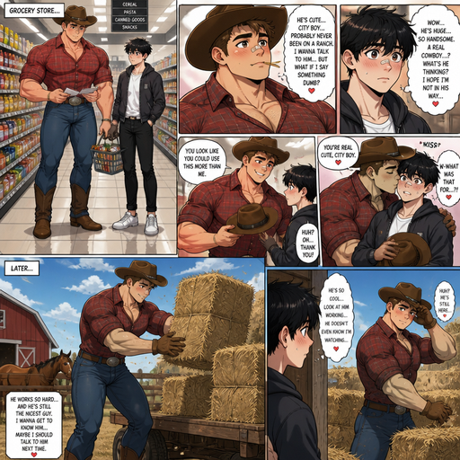 A Very Detailed Full Body anime comic book view of a Beefy and Bulky and Huge Beefy Pecs and Biceps and above average High schooler but Muscular and ANIME Cute Bara Cowboys Who looks Normal 20 year old American with a round facial Structure and ROUND and BASIC facial structure and No Facial Hair With Puffy and Big Pecs that are visible through the shirt and Biceps and Bandaid on his nose and slim and thin waist. Both Siting at the Grocery store with his Crush that’s a city boy in the same isle both afraid to talk to each other so as a man he acts like a gentleman to him and he blushes, and holding a pencil in his mouth looking Dreamy and his crush blushes. And he gives his hat to his crush, and Kisses him on the cheek and Smiles. And later his crush saw him stacking horses hays, and his crush caught him looking at him