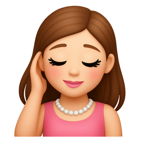White girl have long eyelashes and brown middle hair and pink lipstick on her lips, her eyes black and wearing a pink dress with necklace She puts her hand in her hair as if she is combing it and She has pink cheeks with pink hearts around her head and she look so shy