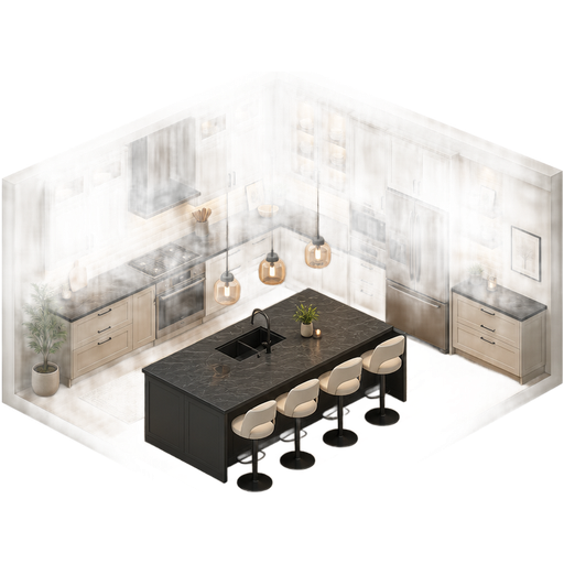 Big modern kitchen, dark gray island in the center with white modern barstools. 3 hanging modern sunset tint lights above island. Dark gray modern marble countertops. Off white walls with modern tile over countertops. Modern fridge and appliances. Cozy and clean vibes.