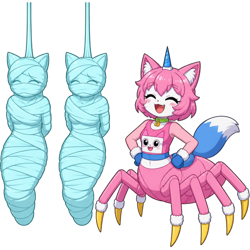 wrapped up and mummified fully covered in a #B8FFFF spider slik cocoon shaped like anthro cat girl anthro whimper arms behind back with #B8FFFF spider slik wrappings completely covered with thick layers non-transparent #B8FFFF spider slik wrappings hanged to the ceiling on the left side next to wrapped up and mummified fully covered in a #B8FFFF spider slik cocoon shaped like anthro cat girl anthro whimper arms behind back with #B8FFFF spider slik wrappings completely covered with thick layers non-transparent #B8FFFF spider slik wrappings hanged to the ceiling the left side next to happy anthro femboy pink cat drider with blue and white tail white wrists blue hands white ankles yellow tips on spider legs green collar blue unicorn horn wearing femboy clothing based on unikitty