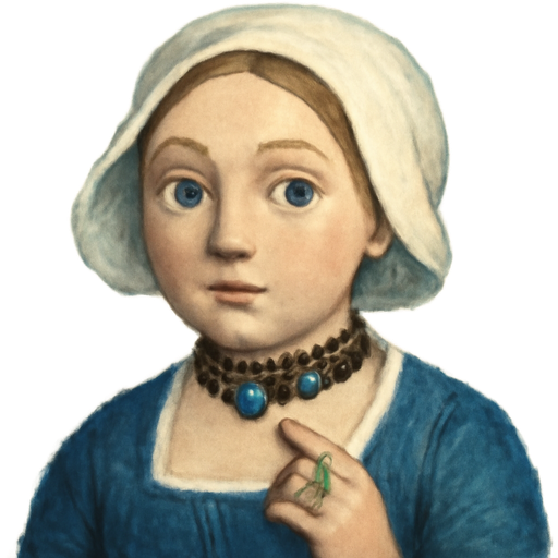 a lady in a 1700s blue dress and white bonnet. she is wearing a black jeweled lack choker with turquoise gem stones and a turquoise ring. she has blonde hair and soft blue eyes