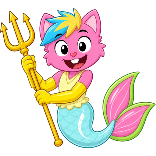 pink boy cat furry with blue and yellow hair and yellow very long rubber gloves holding a golden trident yellow dress tucked in light yellow and light cyan mermaid tail with white highlights with pink and green tail fins with pink highlights (happy tree friends)