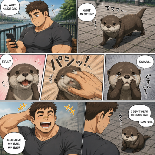 A DETAILED AND LIFELIKE ANIME Comic Book story view of a Bulky but Muscular ANIME Cute Bara Man With Peach toned skin Who looks Normal sincerely d round facial Structure and Basic facial structure With Puffy and Big Pecs that are visible through the shirt and Biceps and Bandaid on his nose and Brown short hair. Wearing normal clothes. And an otter comes up to him and a hand flies across it’s face. And the otter Cries in Sadness and He laughs