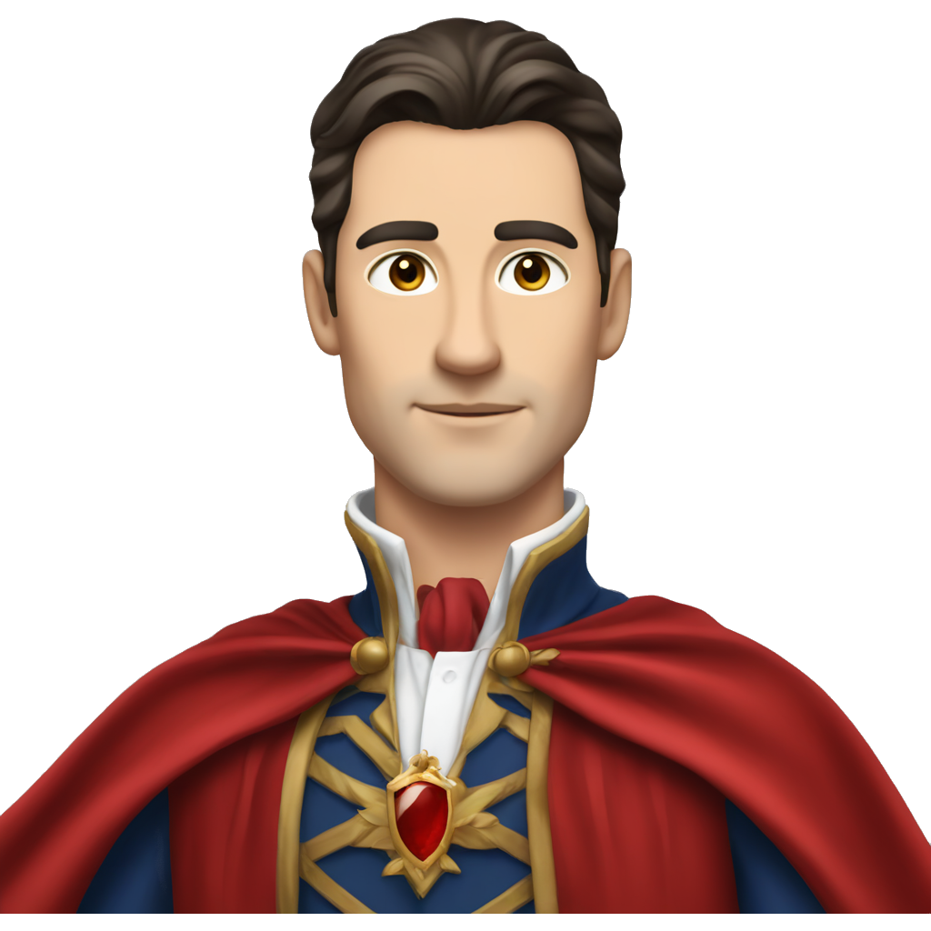 A handsome man with dark slicked-back hair, wearing a royal suit with a red cape, looking charming."