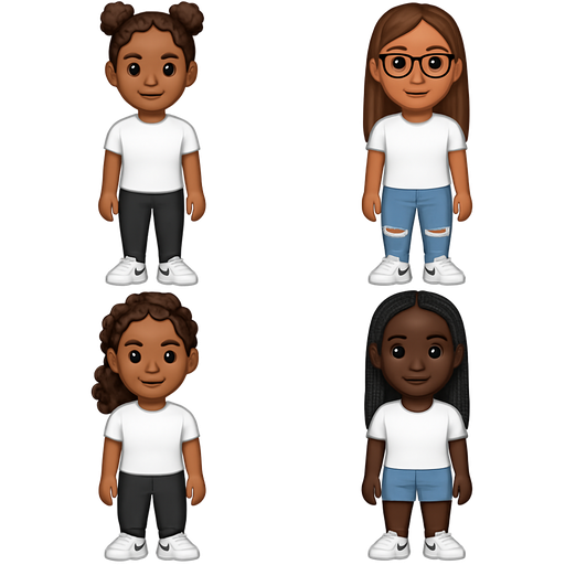 make a girl who has brown curly space-buns and who is dark skinned but not black with black leggings and a white shirt white Nike shoes make another girl with brown straight hair and black glasses and she is brown skinned and wearing ripped jeans and white shirt and white Nike shoes make another girl who has brown curly hair in a ponytail with brown skinned but not black with baggy black pants with a white shirt and white Nike shoes and make another girl that black skinned and wearing and for her hair box braids and she is wearing jean shorts and a white shirt with Nike shose