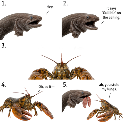 comic 1 frilled shark: Hey. 2 frilled shark: It says 'Gullible' on the ceiling. 3(lobster looks up. The ceiling clearly says 'Gullible') 4 lobster : Oh, so it— 5 frilled shark holding lungs lobster:ah, you stole my lungs.