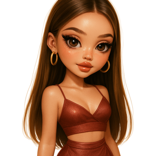 luxury glossy bratz-anime romantic aesthetic, warm cinematic glow, crisp clean detail, glossy glam skin. petite girl, warm soft-autumn tone, fair skin, honey-brown almond eyes, soft freckles, warm toasty glam makeup, glossy nude lips, flutter lashes, sweet Belle-princess vibe, long STRAIGHT brunette honey balayage hair with visible light honey blonde highlights, rosewood silk bralette and matching mini wrap skirt with thigh slit, sleek straight hair tucked behind ears, soft mocha shadow and glossy nude lip, gold hoops, pop-princess energy, shimmer highlight, sparkly glow