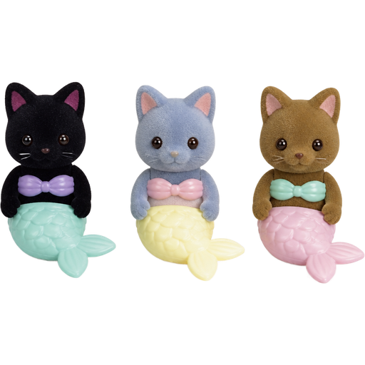 sylvanian Families black cat figure with plastic light cyan mermaid tail blue cat figure with plastic light yellow mermaid tail brown cat figure with plastic light pink mermaid tail