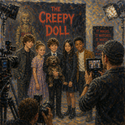 give me kids a photo shoot for their new movie called the creepy doll. One of the cast members are holding the creepy dog that comes to life in the movie and the director behind the scenes of the photo shoot is recording and there’s cameras everywhere.