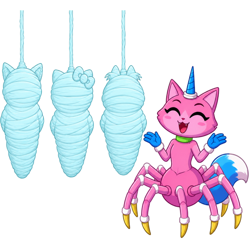 wrapped up and mummified fully covered in a #B8FFFF spider slik cocoon shaped tom (tom and jerry) arms behind back with #B8FFFF spider slik wrappings completely covered with thick layers non-transparent #B8FFFF spider slik wrappings wrapped up and mummified fully covered in a #B8FFFF spider slik cocoon shaped like ankha ( animal crossing) arms behind back with #B8FFFF spider slik wrappings completely covered with thick layers non-transparent #B8FFFF spider slik wrappings hanged to the ceiling on the left side next to wrapped up and mummified fully covered in a #B8FFFF spider slik cocoon shaped like hello kitty arms behind back with #B8FFFF spider slik wrappings completely covered with thick layers non-transparent #B8FFFF spider slik wrappings hanged to the ceiling the left side next to wrapped up and mummified fully covered in a #B8FFFF spider slik cocoon shaped like garfield arms behind back with #B8FFFF spider slik wrappings completely covered with thick layers non-transparent #B8FFFF spider slik wrappings happy anthro pink cat drider with blue and white tail white wrists blue hands white ankles yellow tips on spider legs green collar blue unicorn horn based on unikitty
