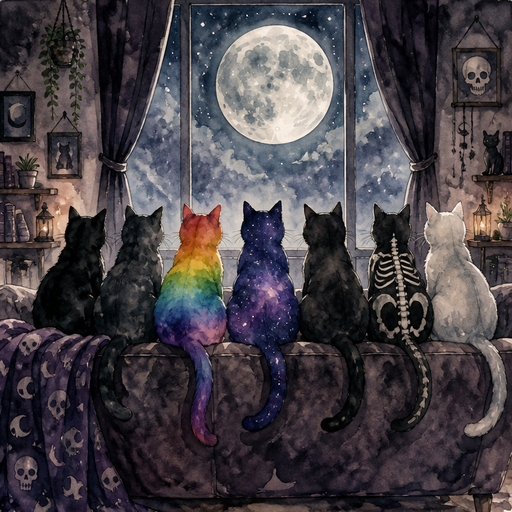 10. Cats are in the room. One is rainbow one is galaxy and the others are death colours and they’re sitting on a big couch watching the moon.